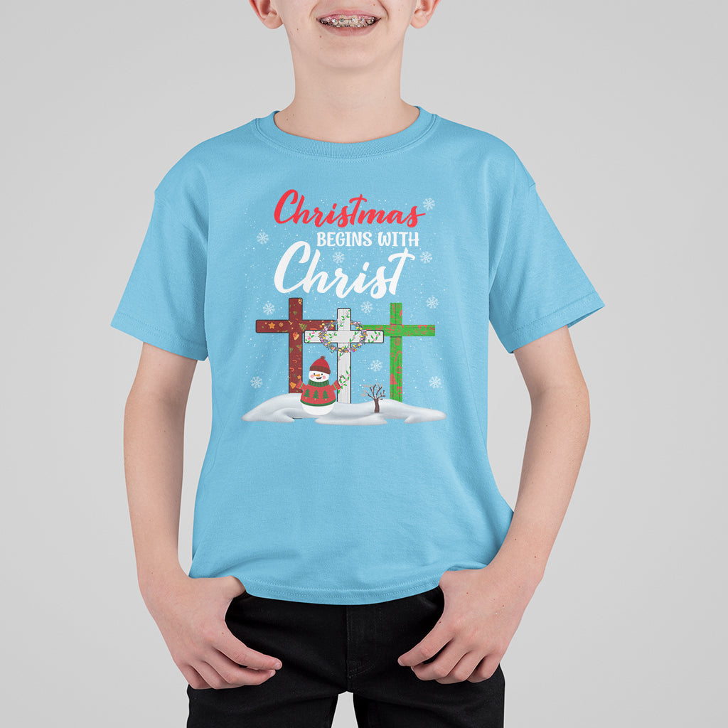 Christmas Begins With Christ Snowman Christian Cross T Shirt For Kid - Wonder Print Shop