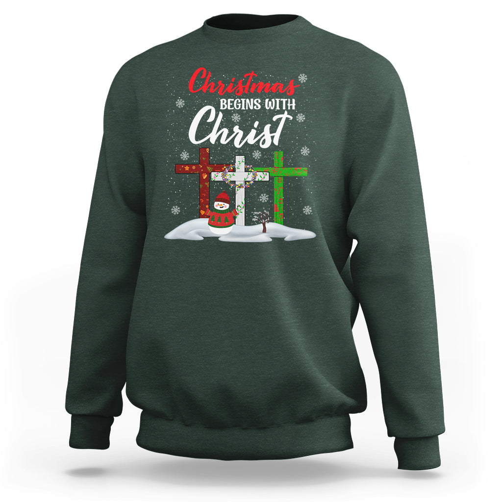 Christmas Begins With Christ Snowman Christian Cross Sweatshirt - Wonder Print Shop