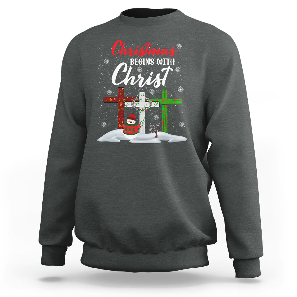 Christmas Begins With Christ Snowman Christian Cross Sweatshirt - Wonder Print Shop