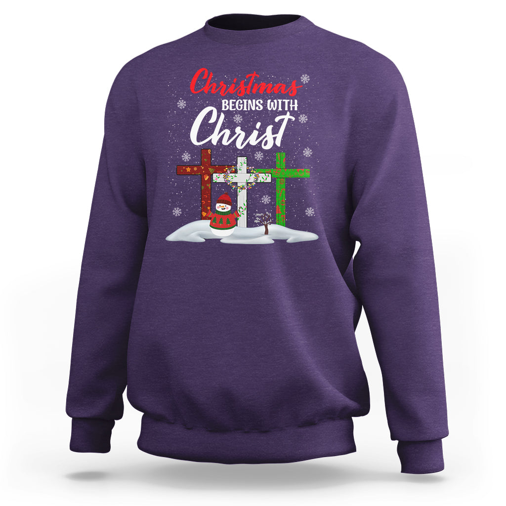 Christmas Begins With Christ Snowman Christian Cross Sweatshirt - Wonder Print Shop