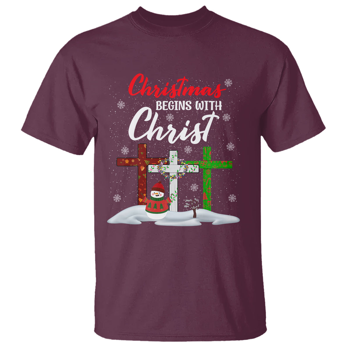 Christmas Begins With Christ Snowman Christian Cross T Shirt - Wonder Print Shop
