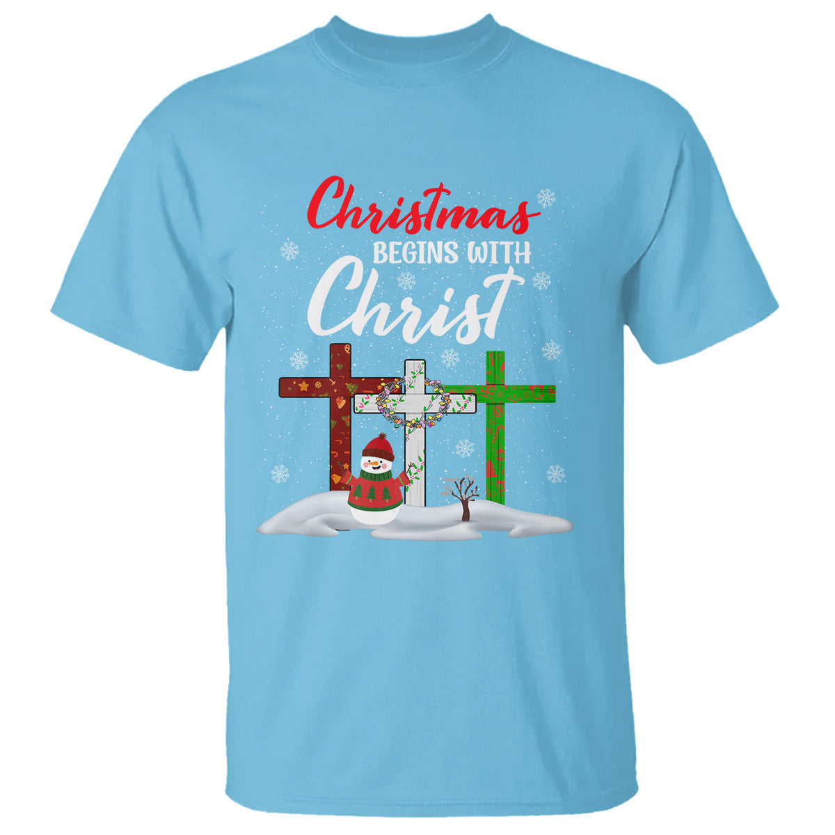 Christmas Begins With Christ Snowman Christian Cross T Shirt - Wonder Print Shop