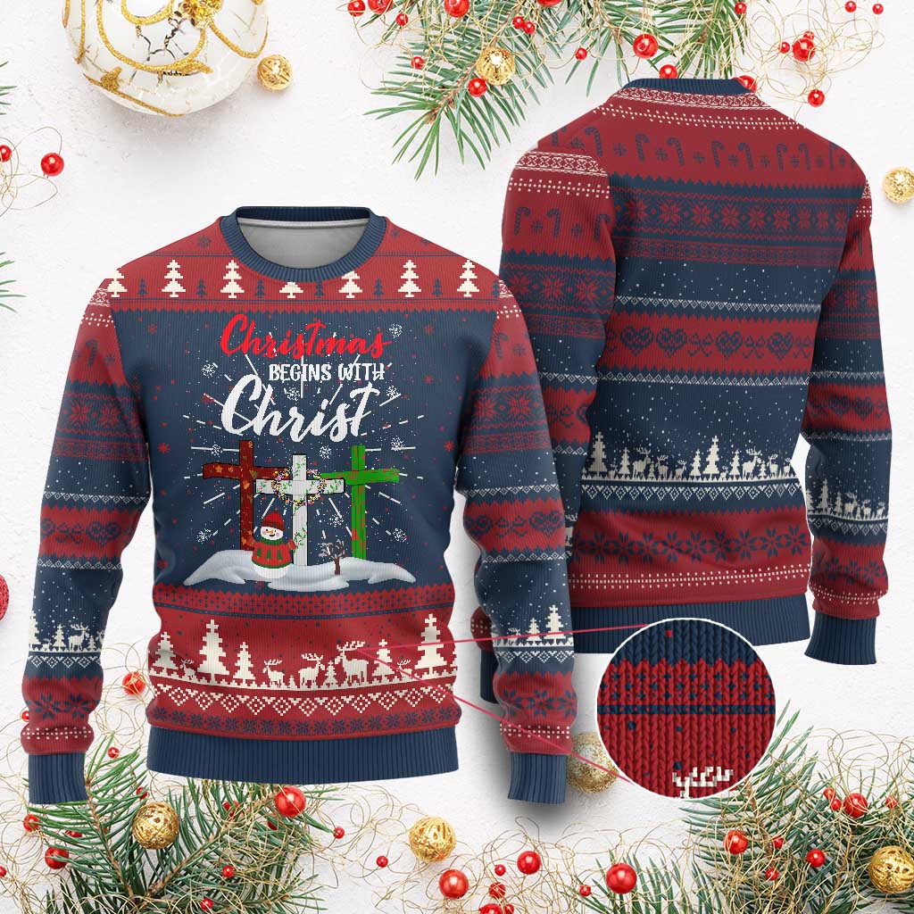 Christmas Begins With Christ Ugly Christmas Sweater Snowman Christian Cross - Wonder Print Shop