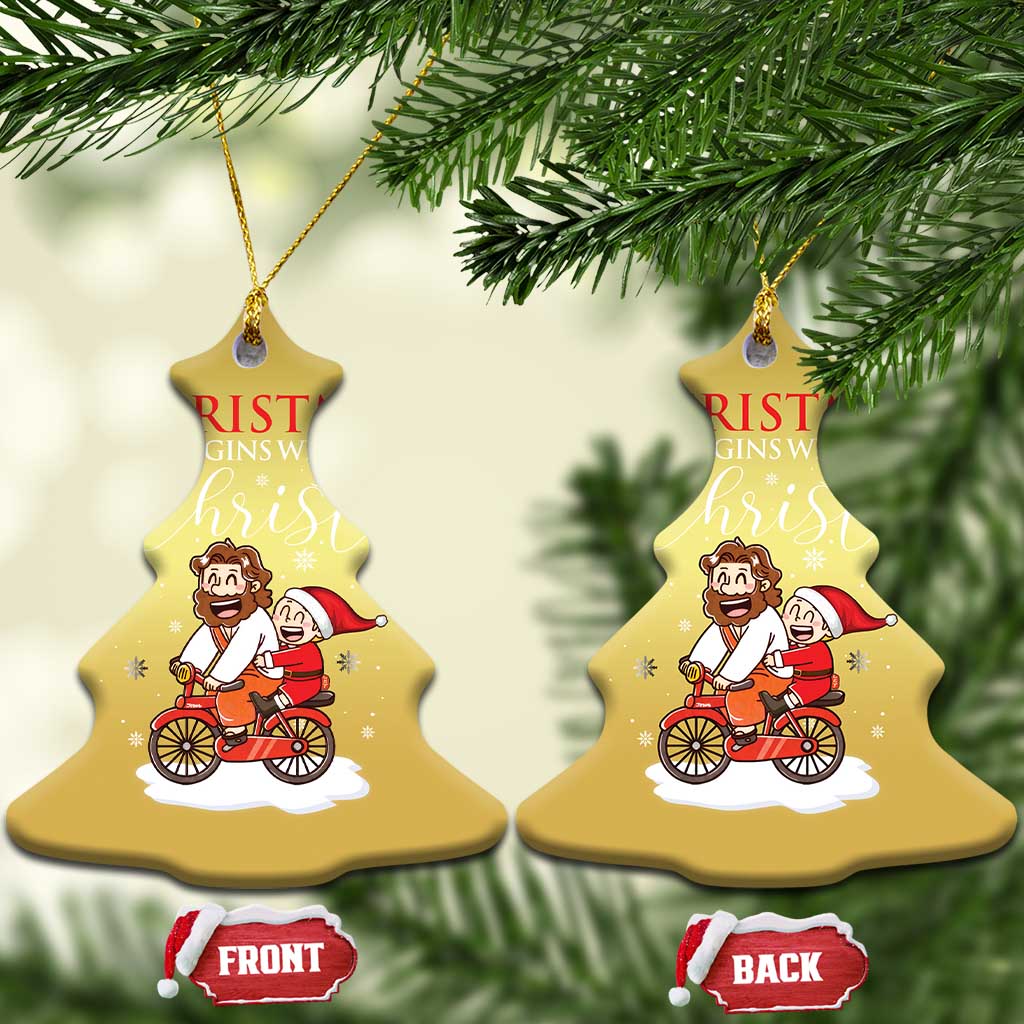 Christmas Begins With Christ Christmas Ornament Jesus Santa Riding Bicycle - Wonder Print Shop