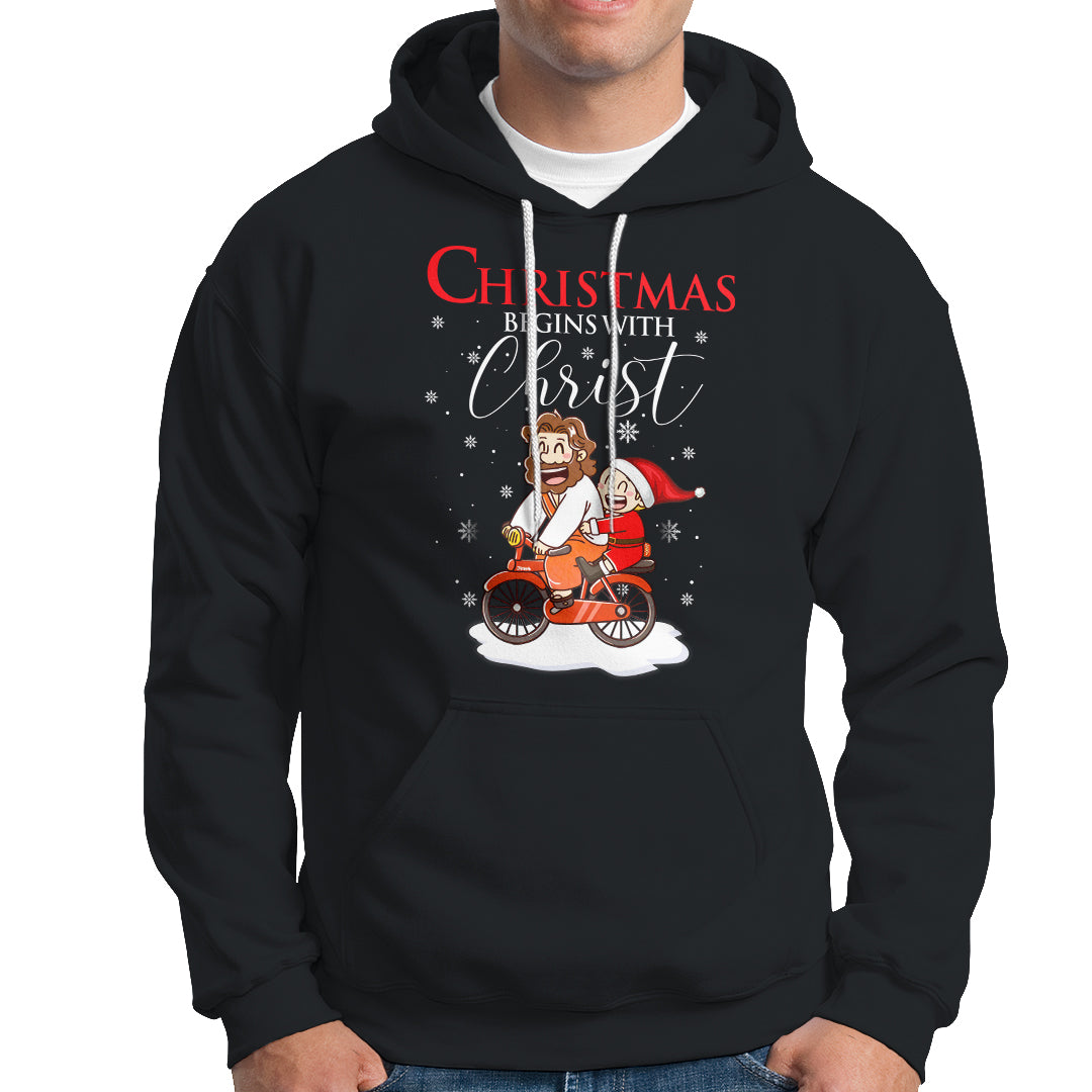 Christmas Begins With Christ Jesus Santa Riding Bicycle Hoodie - Wonder Print Shop