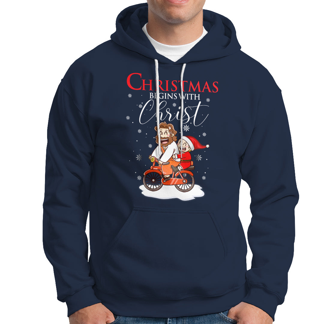 Christmas Begins With Christ Jesus Santa Riding Bicycle Hoodie - Wonder Print Shop