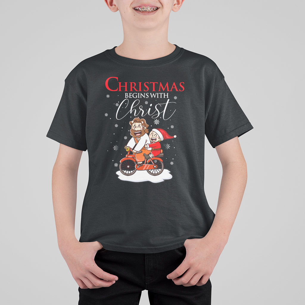 Christmas Begins With Christ Jesus Santa Riding Bicycle T Shirt For Kid - Wonder Print Shop