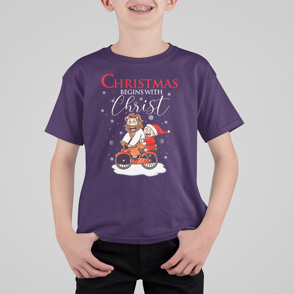 Christmas Begins With Christ Jesus Santa Riding Bicycle T Shirt For Kid - Wonder Print Shop