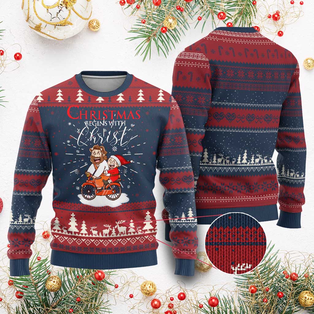 Christmas Begins With Christ Ugly Christmas Sweater Jesus Santa Riding Bicycle - Wonder Print Shop