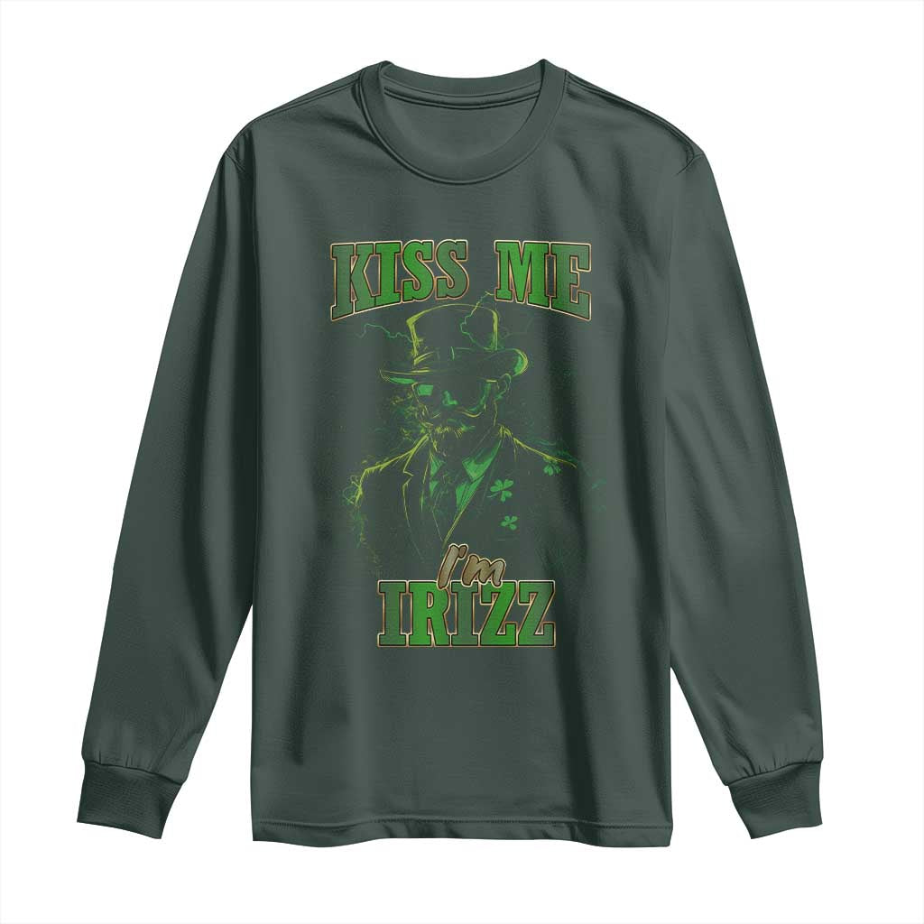Funny St. Patrick's Day Long Sleeve Shirt Kiss Me I'm iRizz Cool Leprechaun