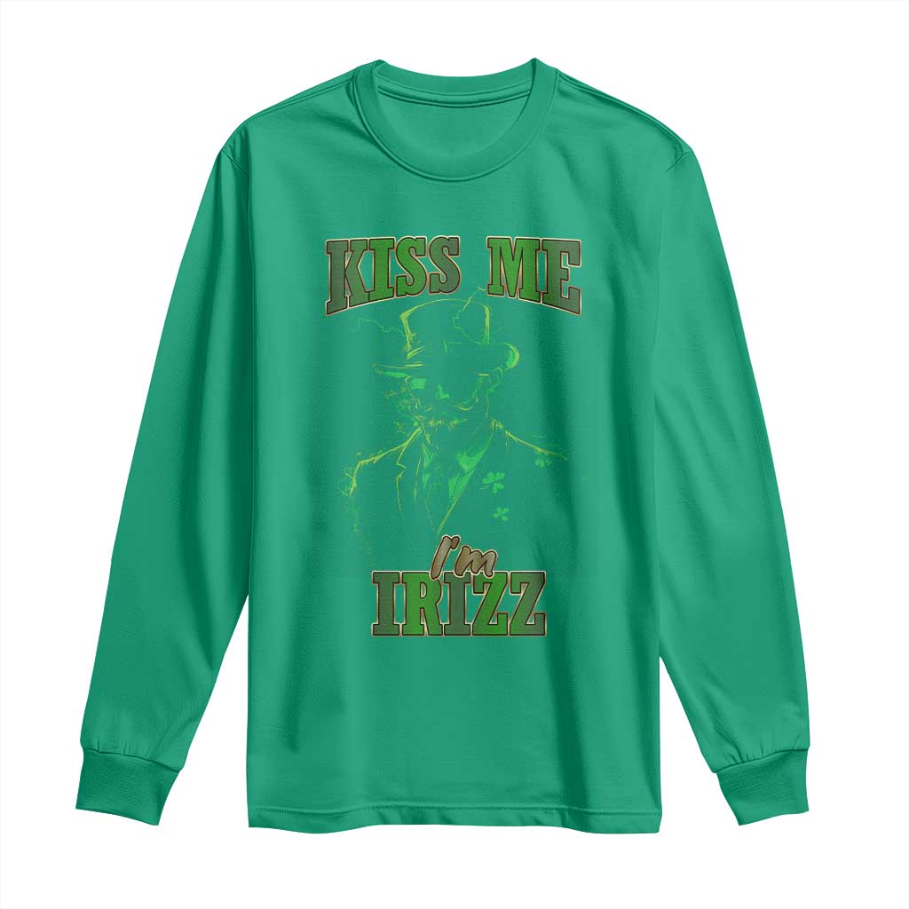 Funny St. Patrick's Day Long Sleeve Shirt Kiss Me I'm iRizz Cool Leprechaun