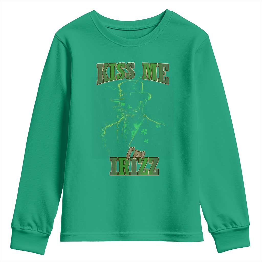 Funny St. Patrick's Day Youth Sweatshirt Kiss Me I'm iRizz Cool Leprechaun