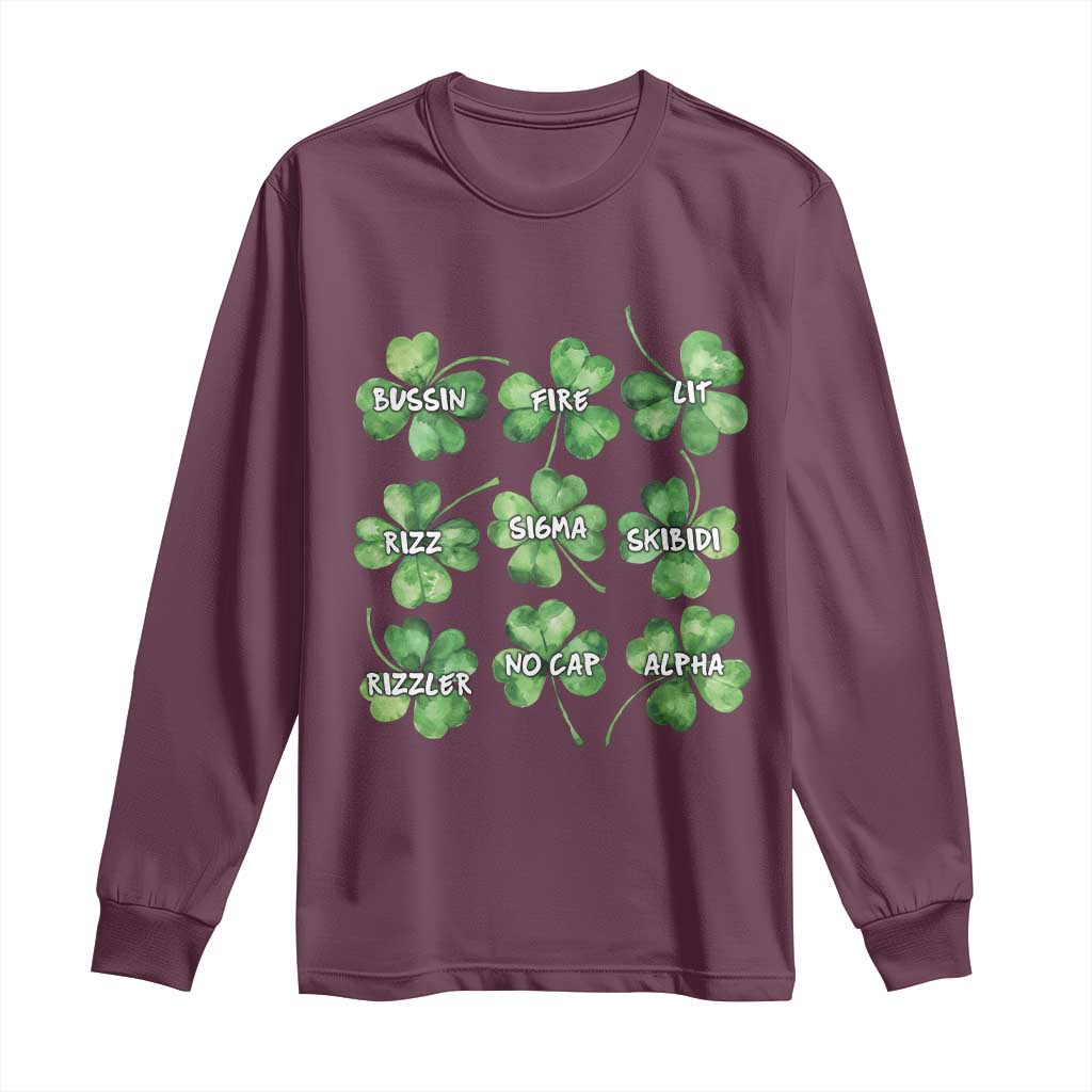 Funny St. Patrick's Day Long Sleeve Shirt Shamrock Lit Rizz Sigma Skibidi Rizzler No Cap Alpha