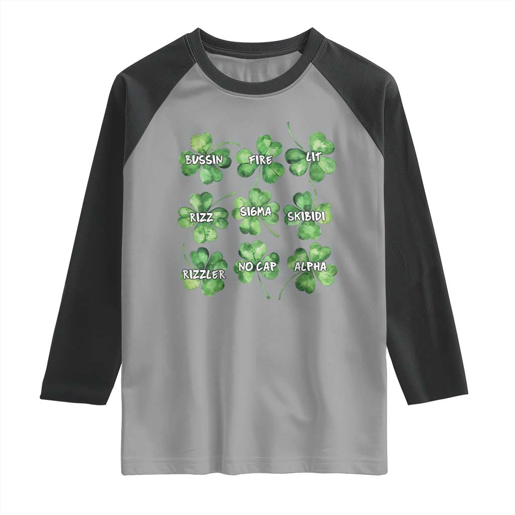 Funny St. Patrick's Day Raglan Shirt Shamrock Lit Rizz Sigma Skibidi Rizzler No Cap Alpha