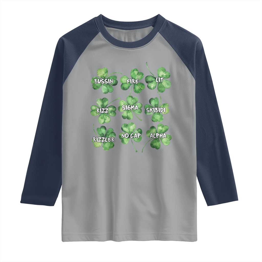 Funny St. Patrick's Day Raglan Shirt Shamrock Lit Rizz Sigma Skibidi Rizzler No Cap Alpha