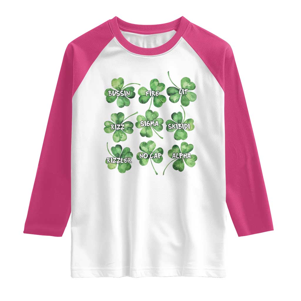 Funny St. Patrick's Day Raglan Shirt Shamrock Lit Rizz Sigma Skibidi Rizzler No Cap Alpha