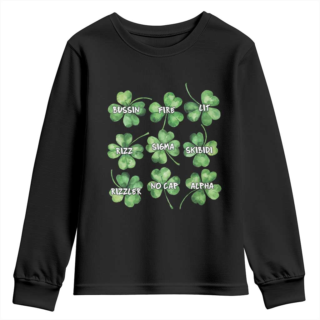 Funny St. Patrick's Day Youth Sweatshirt Shamrock Lit Rizz Sigma Skibidi Rizzler No Cap Alpha