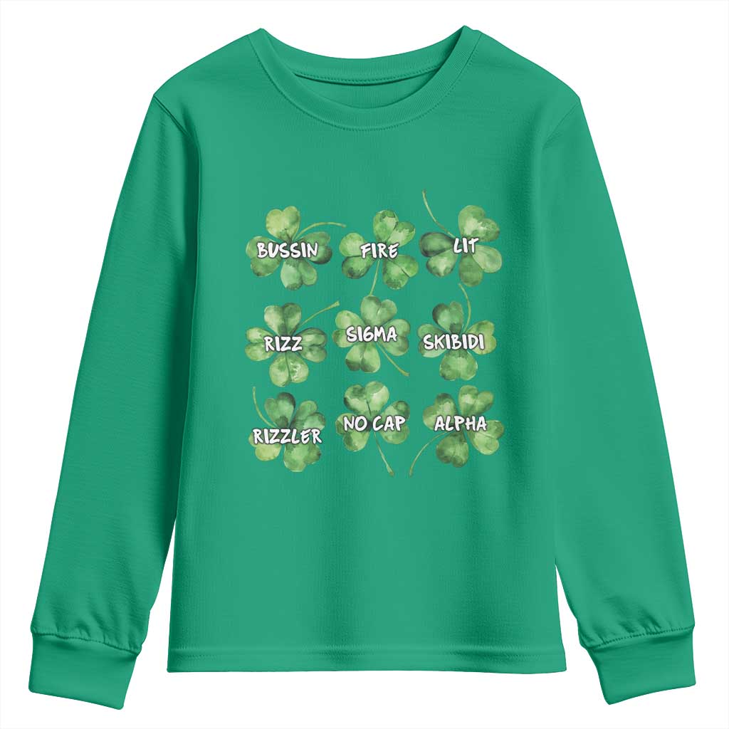 Funny St. Patrick's Day Youth Sweatshirt Shamrock Lit Rizz Sigma Skibidi Rizzler No Cap Alpha