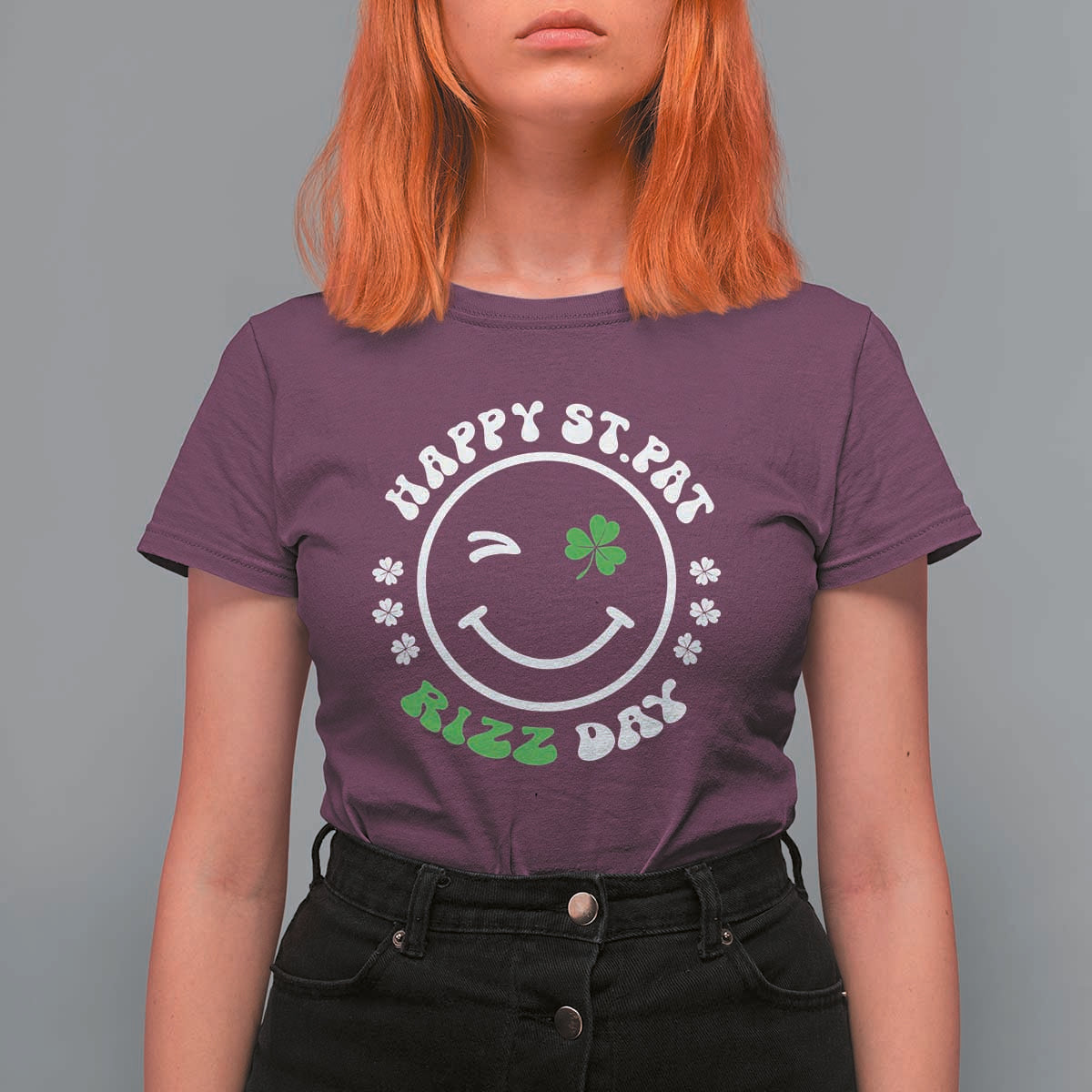 Funny St. Patrick's Day T Shirt For Women Happy St Pat Rizz Day Shamrock Lucky Face