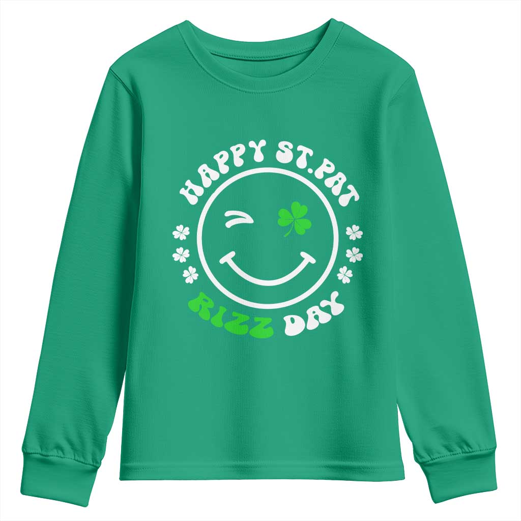 Funny St. Patrick's Day Youth Sweatshirt Happy St Pat Rizz Day Shamrock Lucky Face