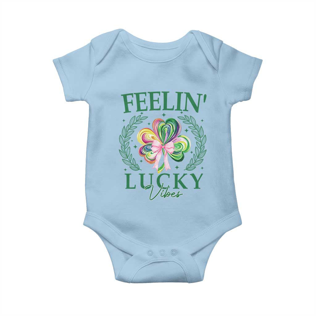 St. Patrick's Day Baby Onesie Feelin' Lucky Vibes Shamrock Coquette Bow