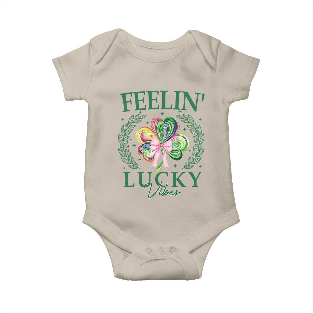 St. Patrick's Day Baby Onesie Feelin' Lucky Vibes Shamrock Coquette Bow