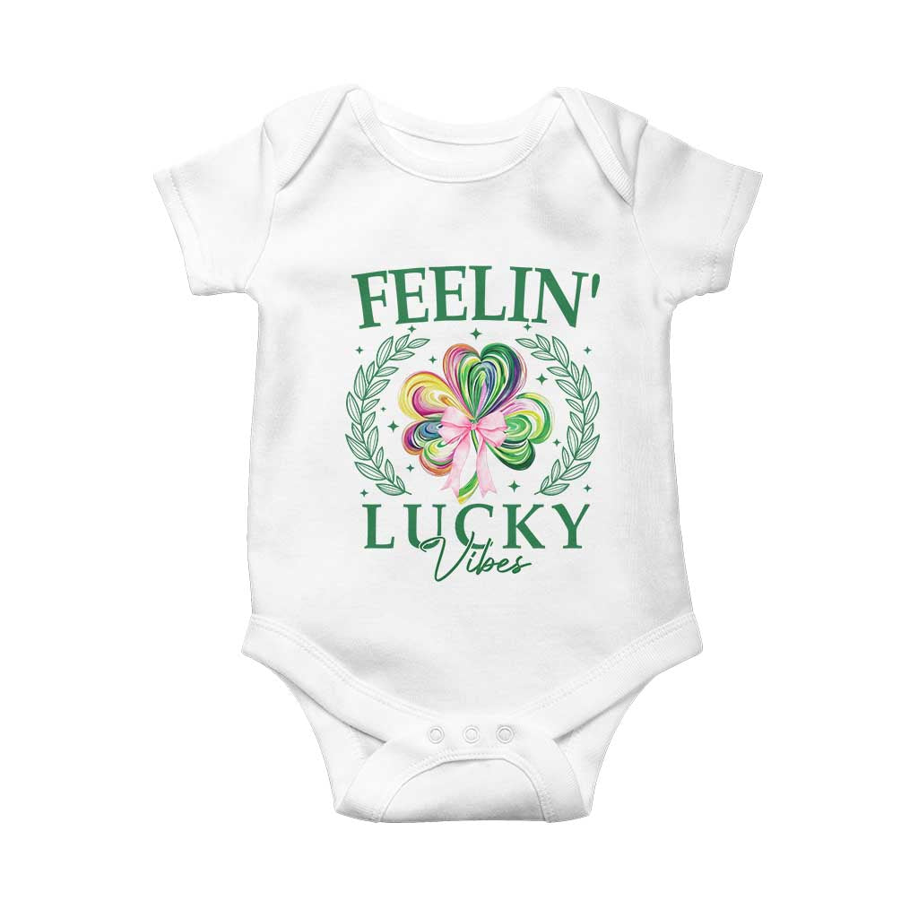St. Patrick's Day Baby Onesie Feelin' Lucky Vibes Shamrock Coquette Bow