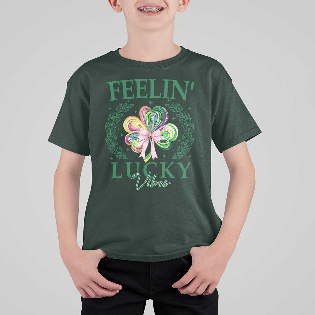 St. Patrick's Day T Shirt For Kid Feelin' Lucky Vibes Shamrock Coquette Bow