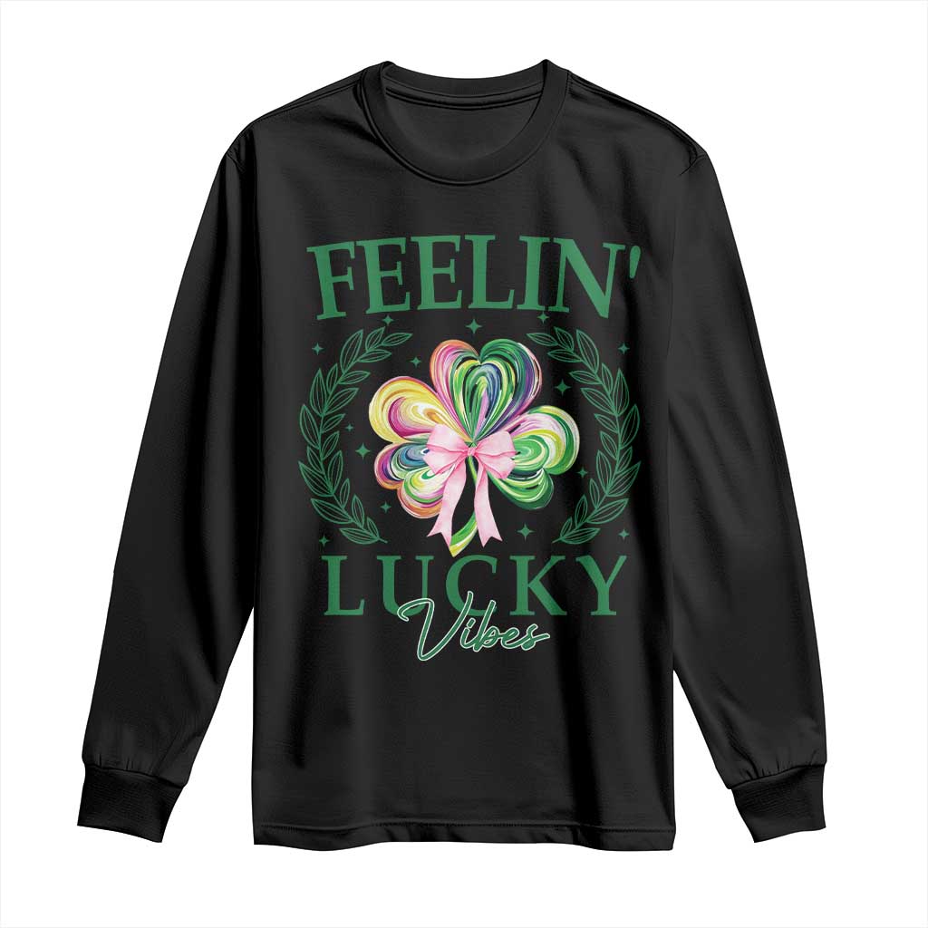 St. Patrick's Day Long Sleeve Shirt Feelin' Lucky Vibes Shamrock Coquette Bow