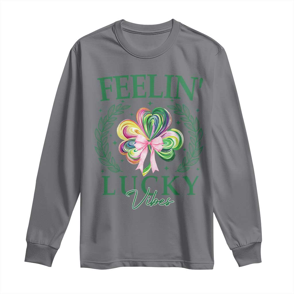 St. Patrick's Day Long Sleeve Shirt Feelin' Lucky Vibes Shamrock Coquette Bow