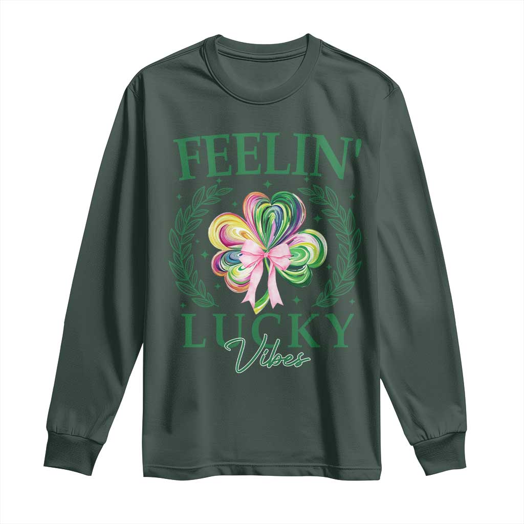 St. Patrick's Day Long Sleeve Shirt Feelin' Lucky Vibes Shamrock Coquette Bow