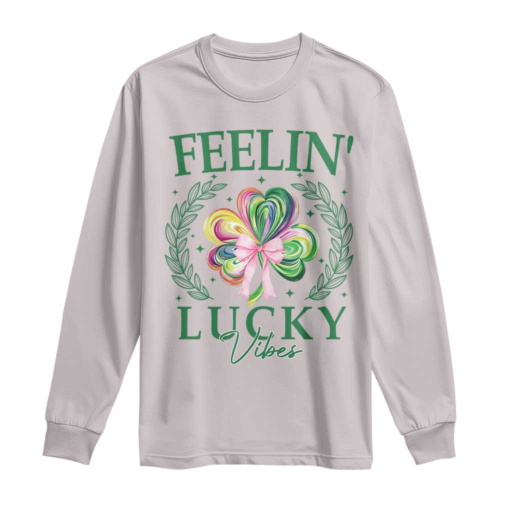 St. Patrick's Day Long Sleeve Shirt Feelin' Lucky Vibes Shamrock Coquette Bow