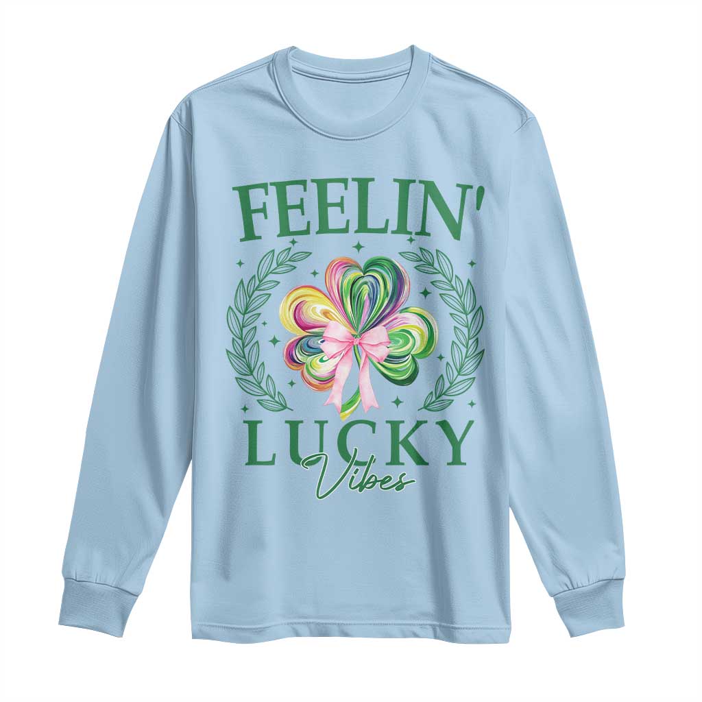 St. Patrick's Day Long Sleeve Shirt Feelin' Lucky Vibes Shamrock Coquette Bow