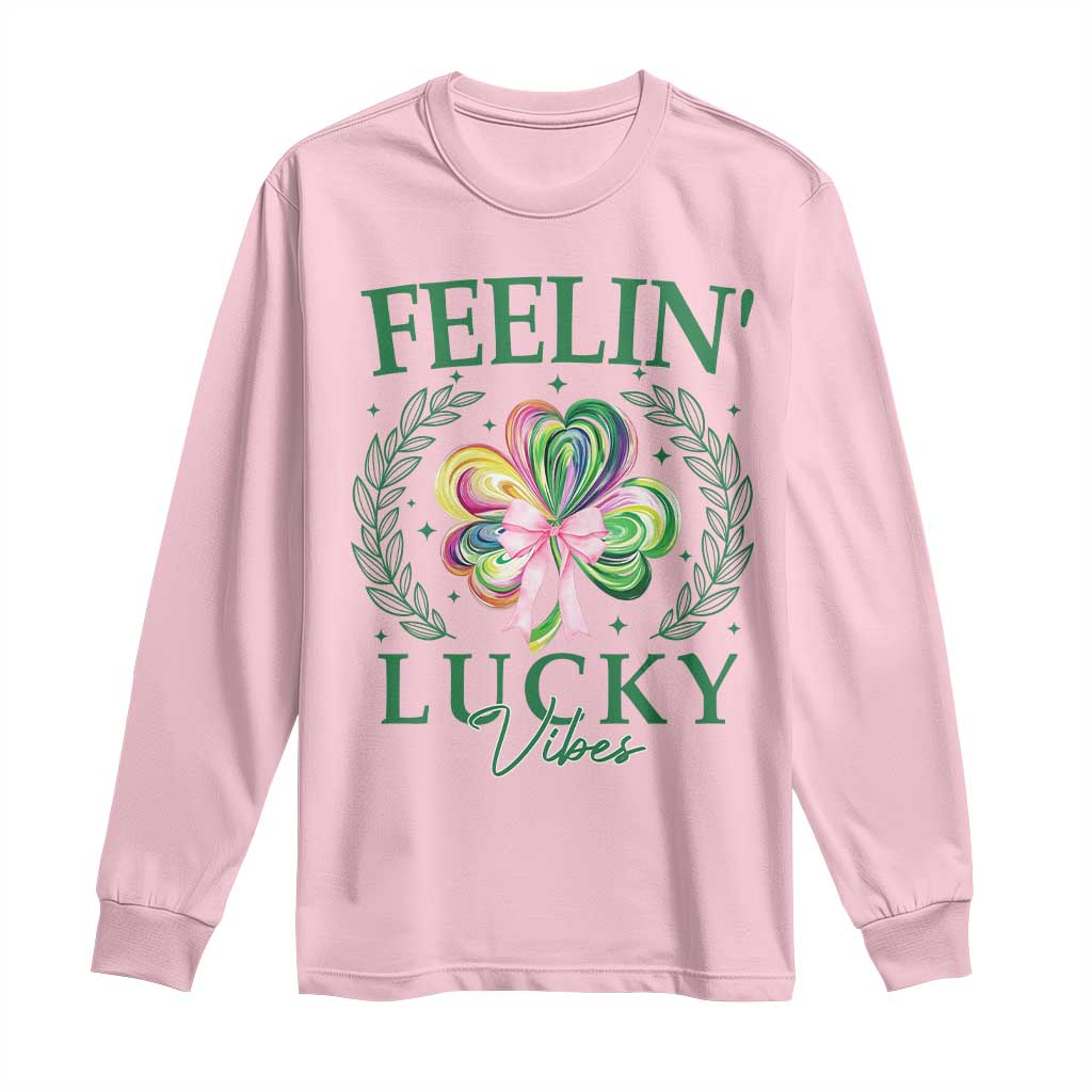St. Patrick's Day Long Sleeve Shirt Feelin' Lucky Vibes Shamrock Coquette Bow