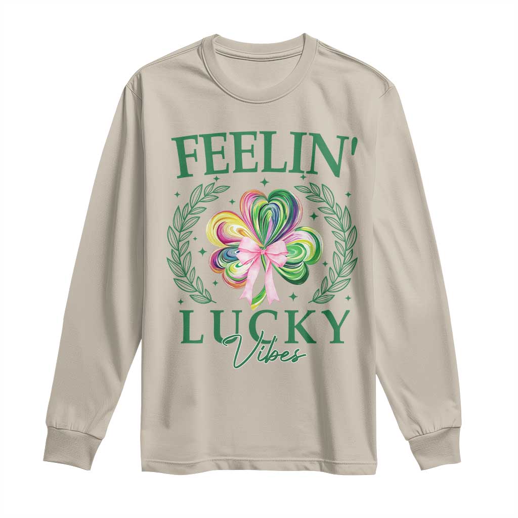 St. Patrick's Day Long Sleeve Shirt Feelin' Lucky Vibes Shamrock Coquette Bow