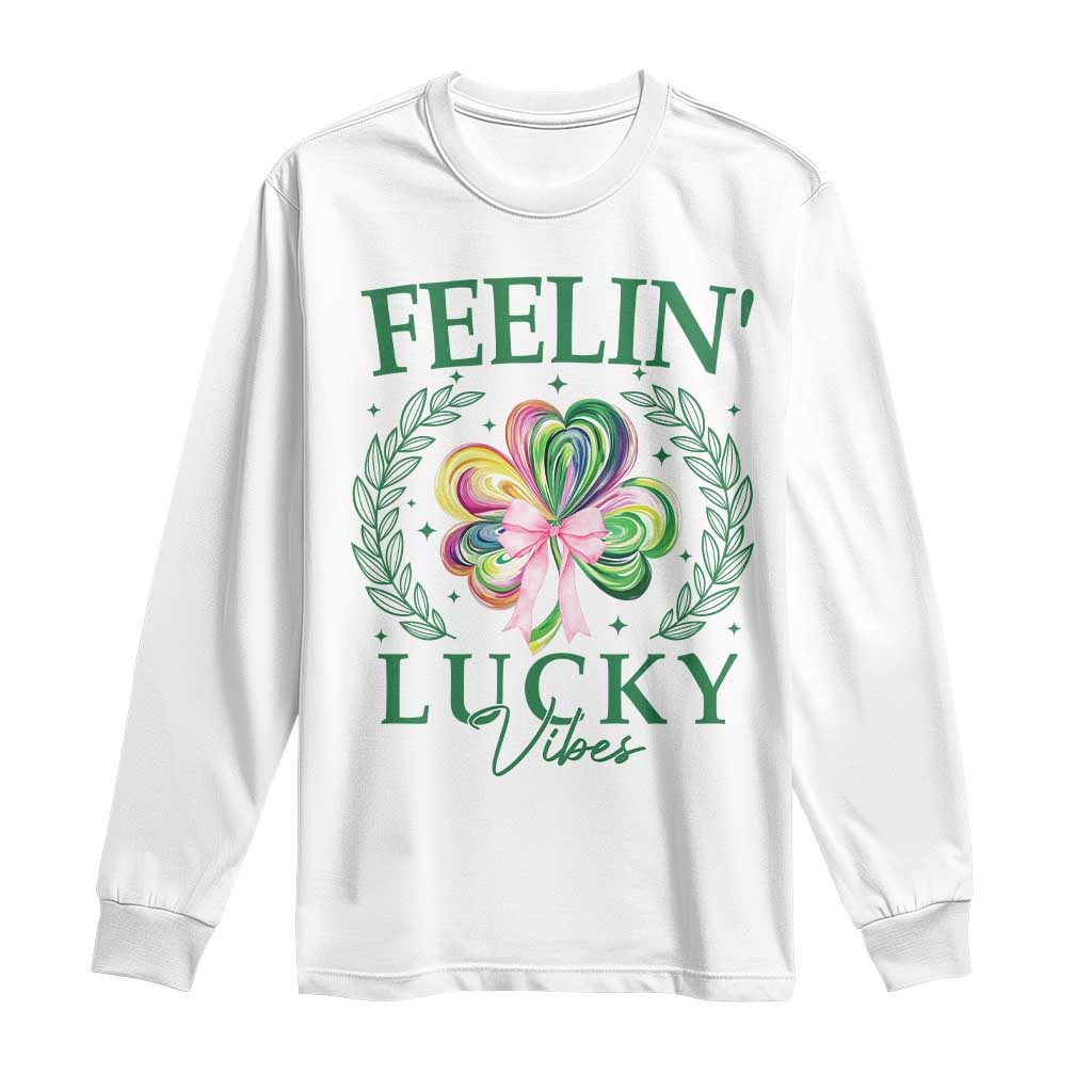 St. Patrick's Day Long Sleeve Shirt Feelin' Lucky Vibes Shamrock Coquette Bow