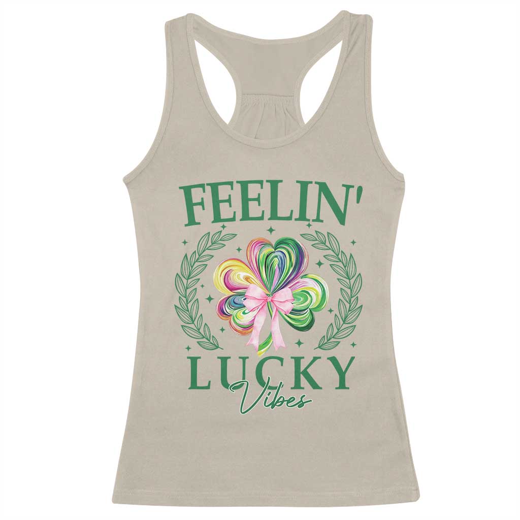 St. Patrick's Day Racerback Tank Top Feelin' Lucky Vibes Shamrock Coquette Bow