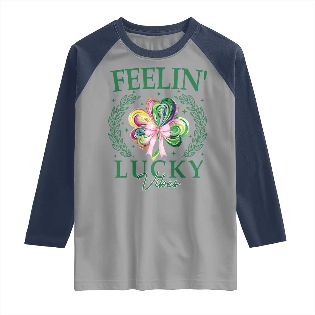 St. Patrick's Day Raglan Shirt Feelin' Lucky Vibes Shamrock Coquette Bow