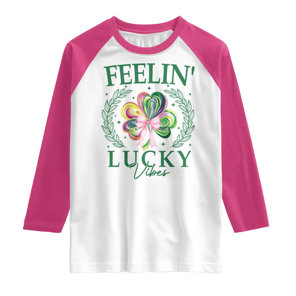 St. Patrick's Day Raglan Shirt Feelin' Lucky Vibes Shamrock Coquette Bow