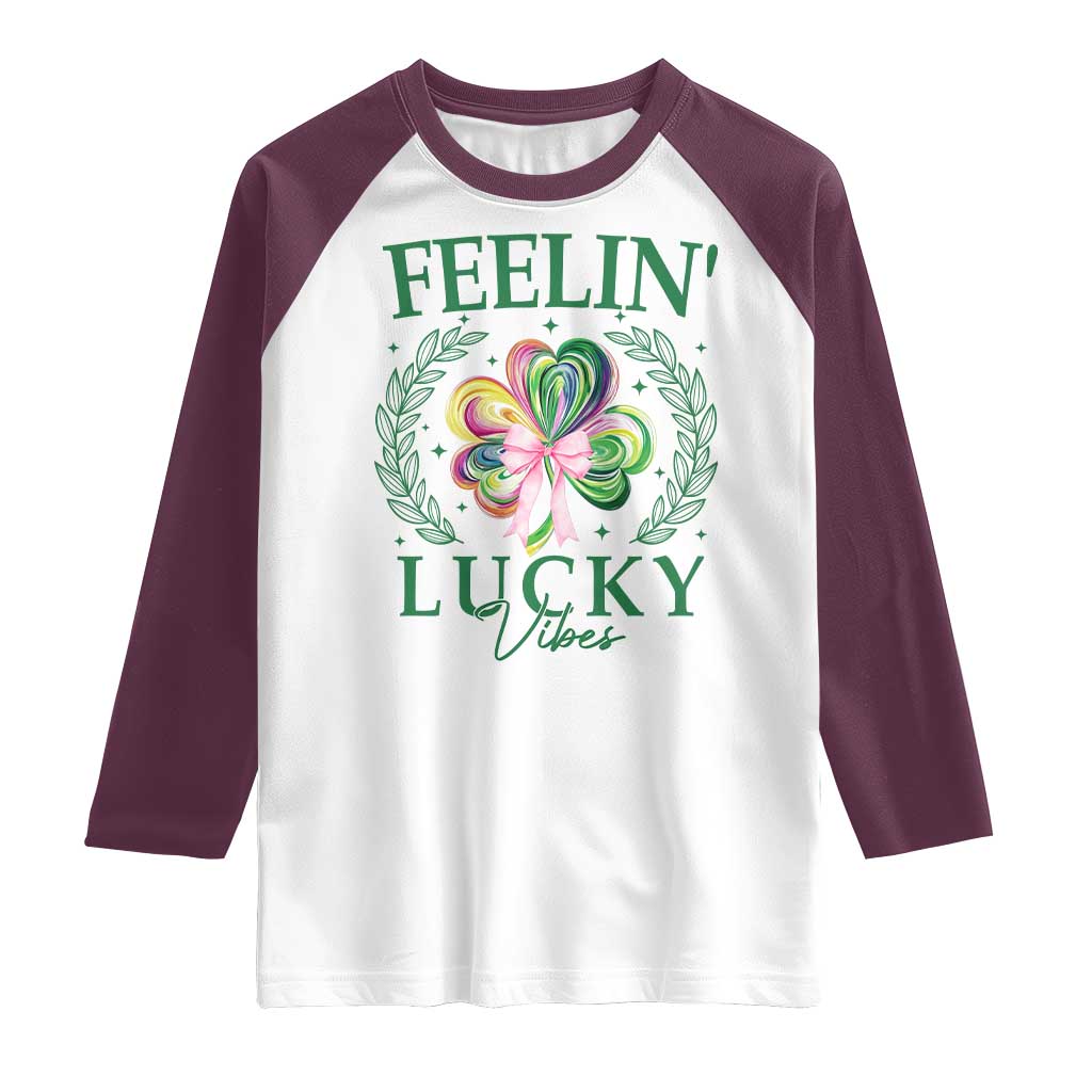 St. Patrick's Day Raglan Shirt Feelin' Lucky Vibes Shamrock Coquette Bow