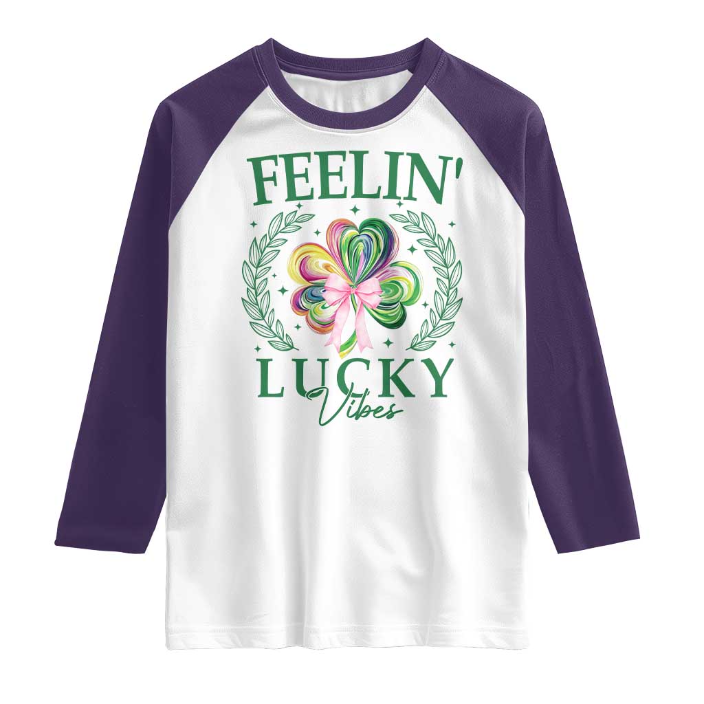 St. Patrick's Day Raglan Shirt Feelin' Lucky Vibes Shamrock Coquette Bow