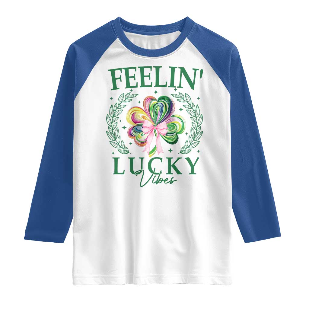St. Patrick's Day Raglan Shirt Feelin' Lucky Vibes Shamrock Coquette Bow