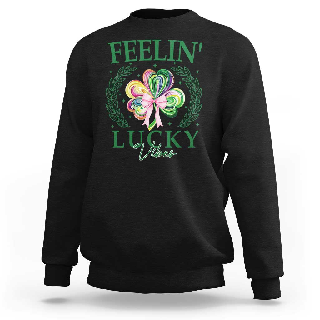 St. Patrick's Day Sweatshirt Feelin' Lucky Vibes Shamrock Coquette Bow