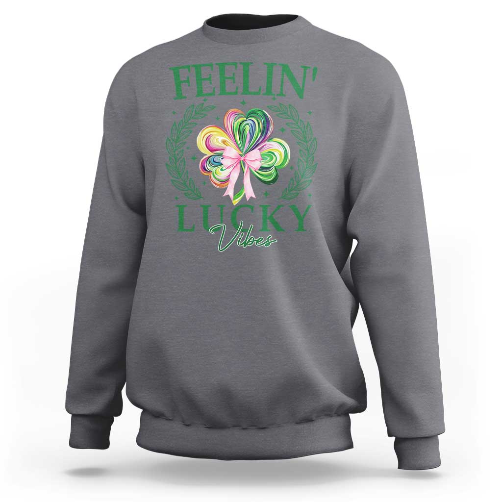 St. Patrick's Day Sweatshirt Feelin' Lucky Vibes Shamrock Coquette Bow