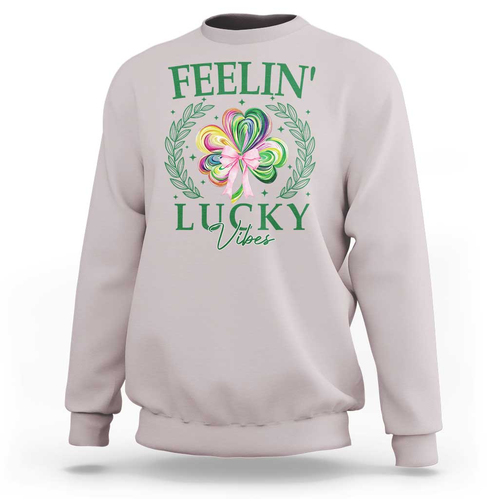St. Patrick's Day Sweatshirt Feelin' Lucky Vibes Shamrock Coquette Bow