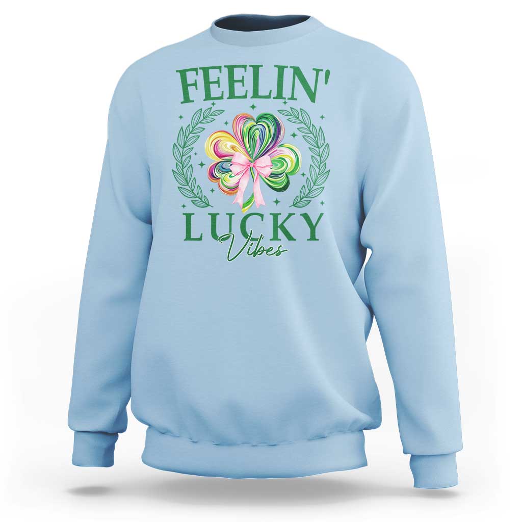 St. Patrick's Day Sweatshirt Feelin' Lucky Vibes Shamrock Coquette Bow