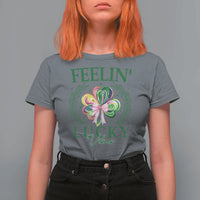 St. Patrick's Day T Shirt For Women Feelin' Lucky Vibes Shamrock Coquette Bow
