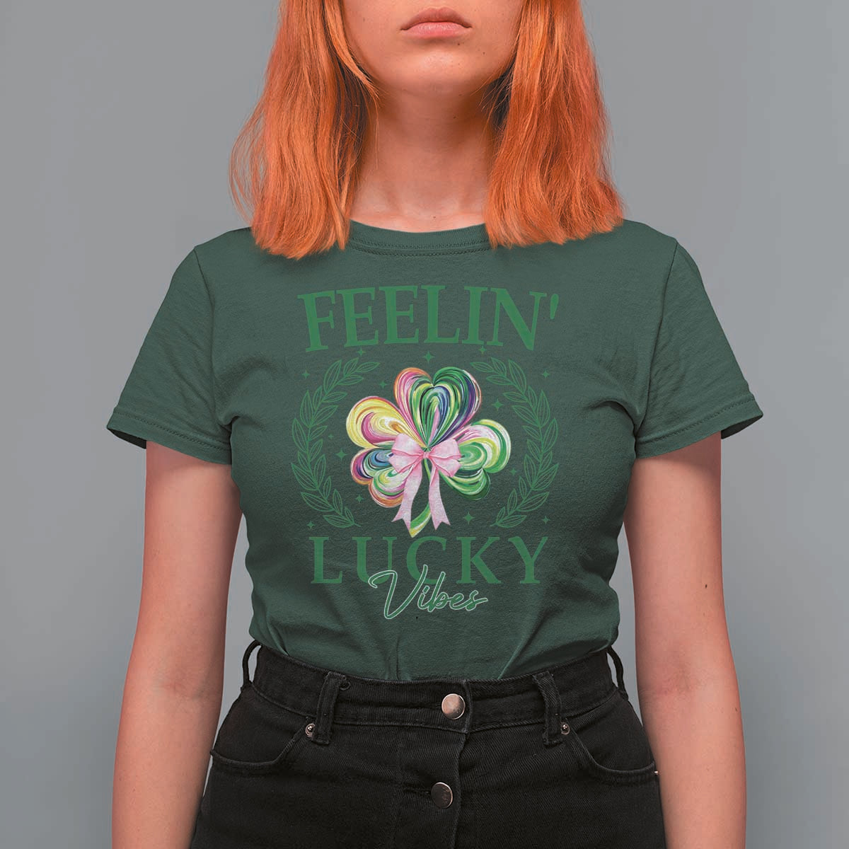 St. Patrick's Day T Shirt For Women Feelin' Lucky Vibes Shamrock Coquette Bow