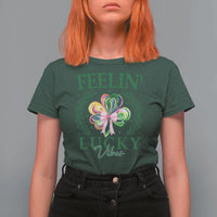 St. Patrick's Day T Shirt For Women Feelin' Lucky Vibes Shamrock Coquette Bow