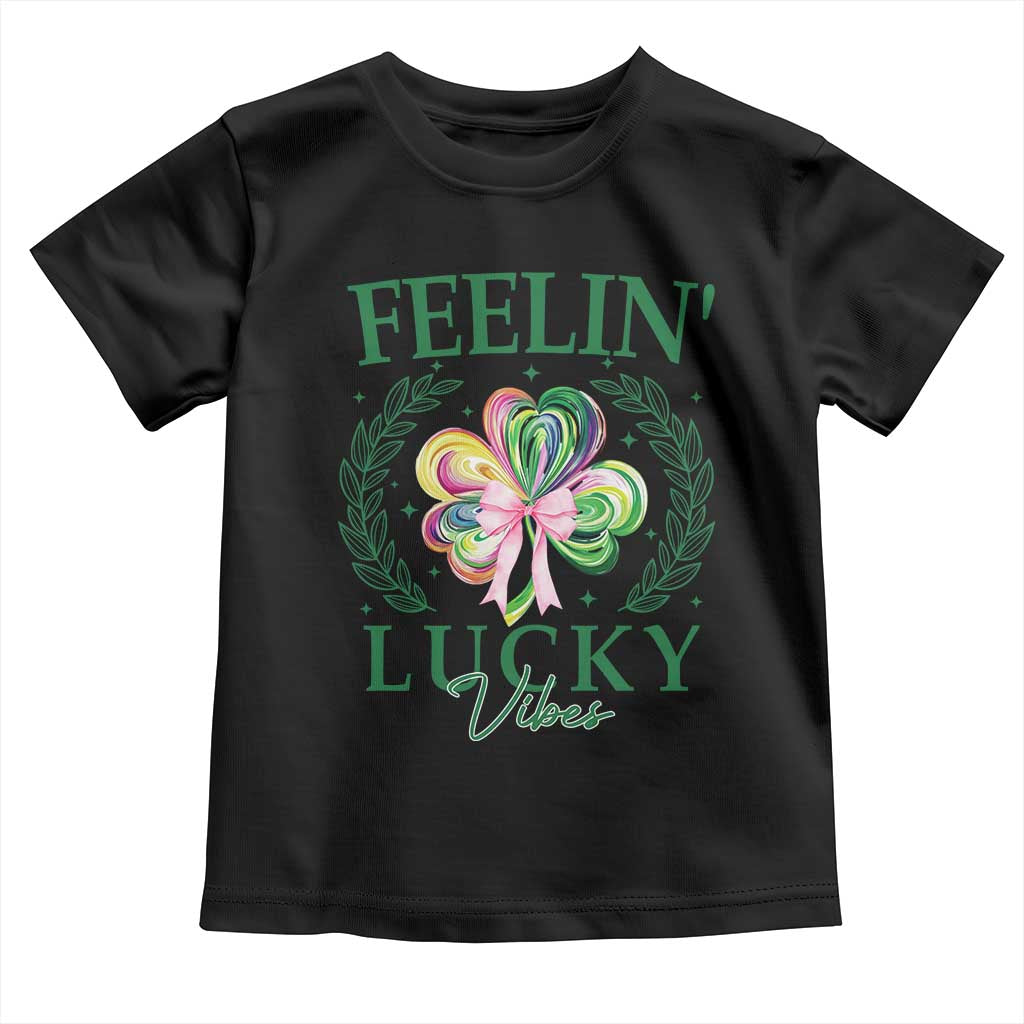 St. Patrick's Day Toddler T Shirt Feelin' Lucky Vibes Shamrock Coquette Bow